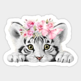 Cute Baby Tiger With Pink Flowers And Butterfly Sticker